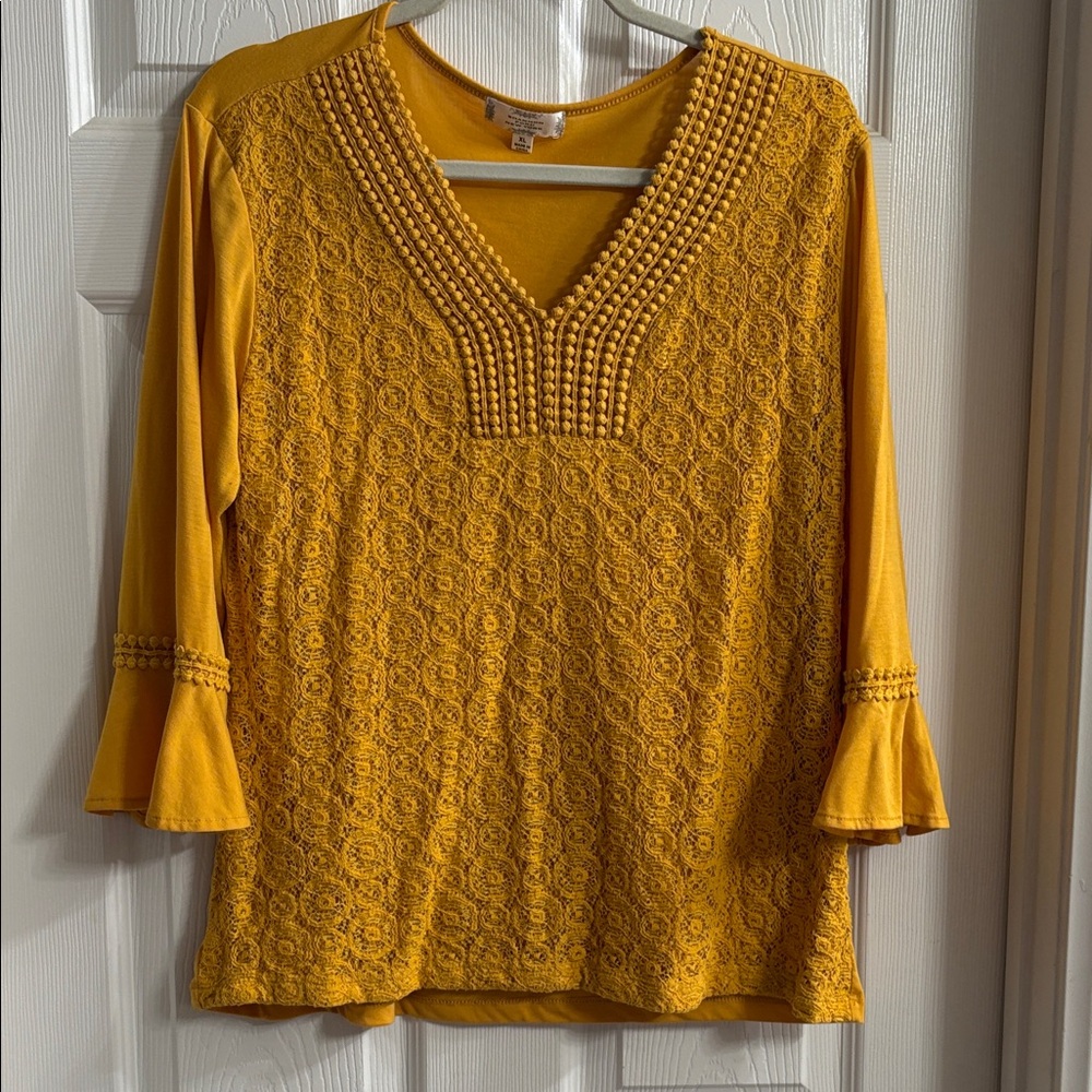 Mustard Lace V-Neck Women's Blouse
